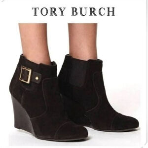 Tory Burch Adrienne Suede Ankle Wedge Boots Chocolate Brown sz 7
